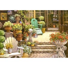 Пейзаж: кресло и цветы, выполненный маслом на холсте